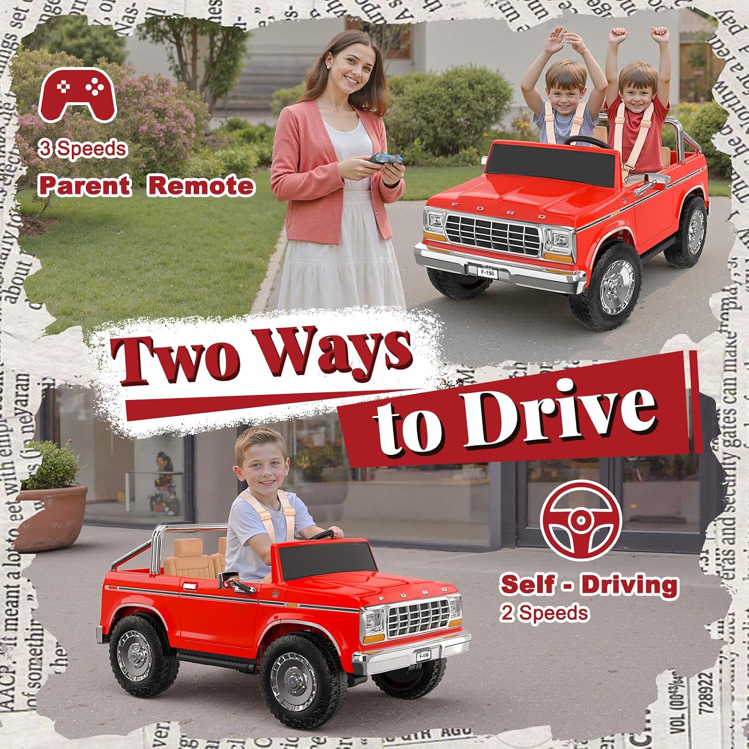 ANPABO Licensed Ford F-150 24V 2 Seater Ride on Car for Kids, 4x100W Motors for All-Terrain Electric Car w/Parental Remote, Retro Style, 3-Speeds, Large Storage Box, Music Player (Red-Orange)