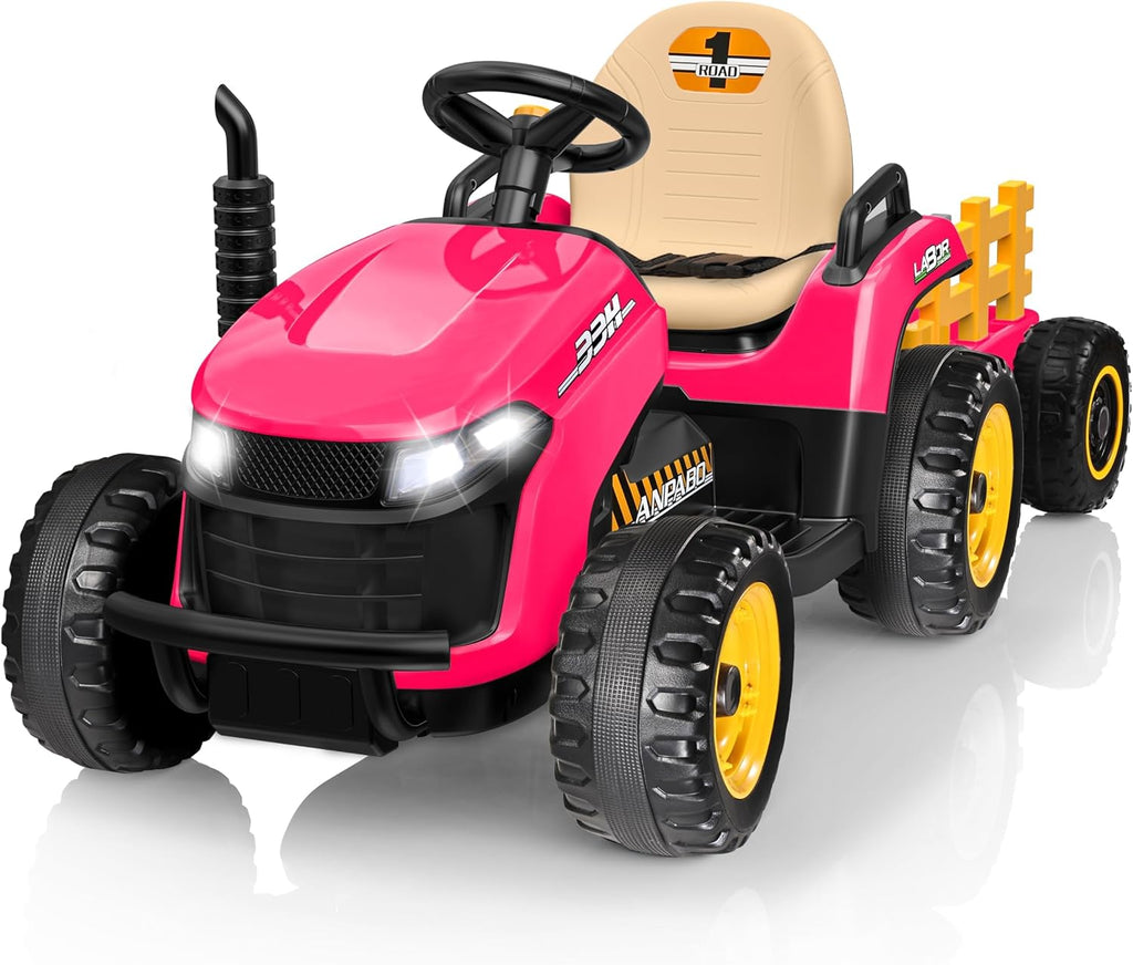 ANPABO 24V Ride On Tractor w/Tiltable & Detachable Trailer, EVA Tires, Up to 4.3Mph, Ride On Toys with Parental Remote, Realistic Tractor Sound & Chimney, Music Player, LED Light, Rose Red