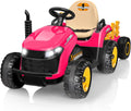 ANPABO 24V Ride On Tractor w/Tiltable & Detachable Trailer, EVA Tires, Up to 4.3Mph, Ride On Toys with Parental Remote, Realistic Tractor Sound & Chimney, Music Player, LED Light, Rose Red