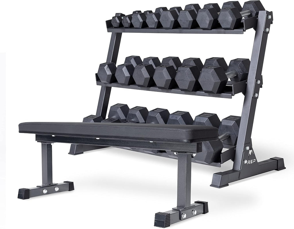 REP FITNESS Dumbbell Set with Bench – 5-50, 5-75 or 5-100 Rubber Hex Dumbbell Set with Either Flat or Adjustable Bench
