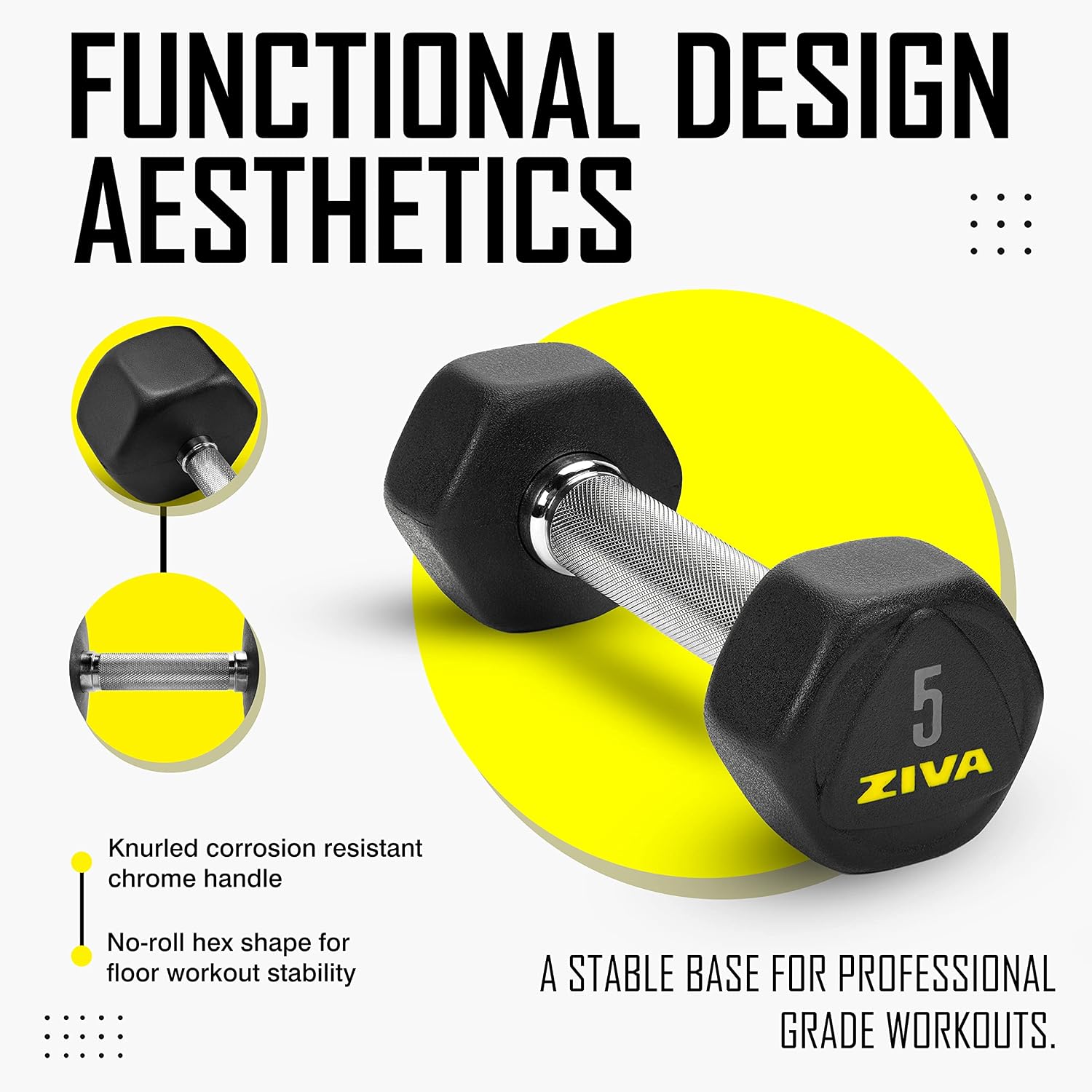 ZIVA Premium Hex Dumbbells – Commercial Grade Rubber Urethane Coated Free Weights for Strength Training, Weightlifting, Home Gym – Durable Steel Core – Sold in Pairs and Sets