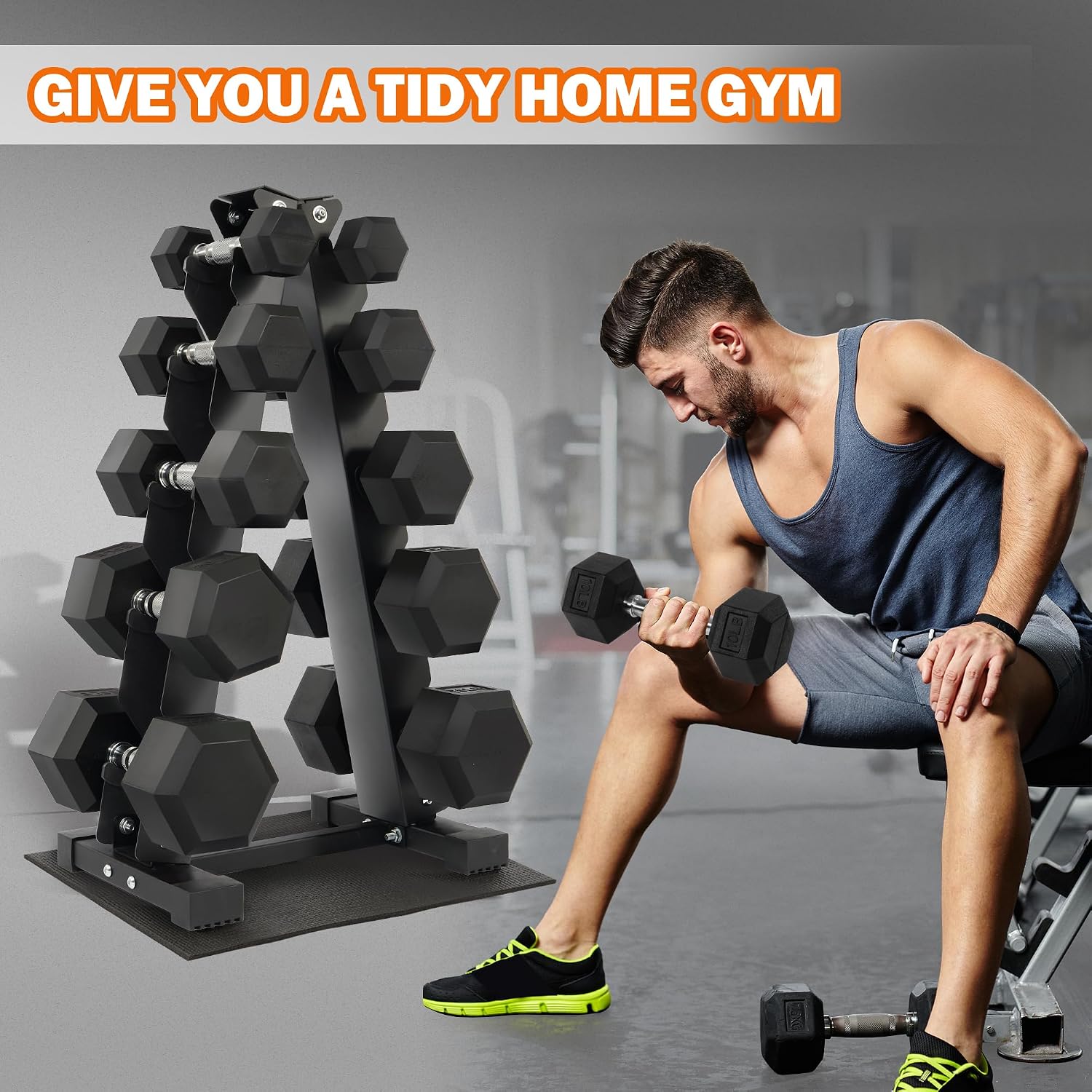 Fitvids Fitvids Rubber Coated Hex Dumbbell Weight Set and Storage Rack, 100LB Set or 150LB Set, 5-20 lbs Pairs or 5-25 lbs Pairs