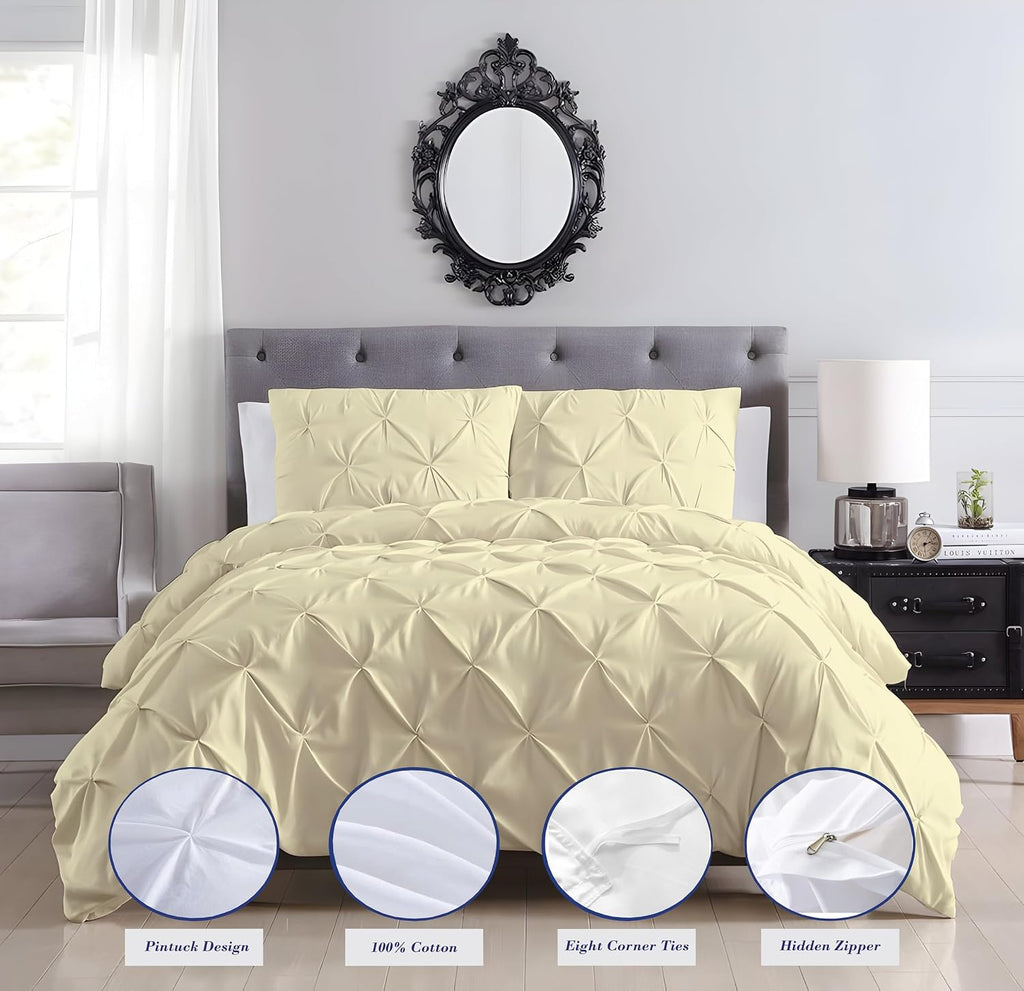 Luxury Ivory Pinch Pleated Pintuck Duvet Cover Set Oversized King Plus 120'x128' Size Egyptian Cotton Luxury Soft & Breathable Comforter Cover with Corner Ties & Zipper Closure