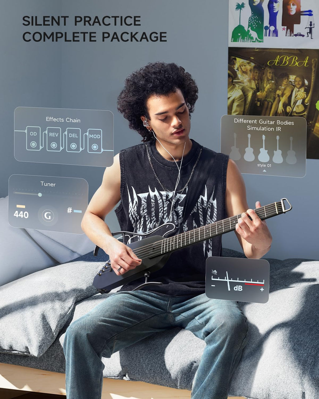 Donner Acoustic Electric Guitar HUSH I PRO Travel Guitar with Multiple Effect Modes Smart Guitarra Kit of Earphone, Gig Bag, Strap, Charging Cable, Black
