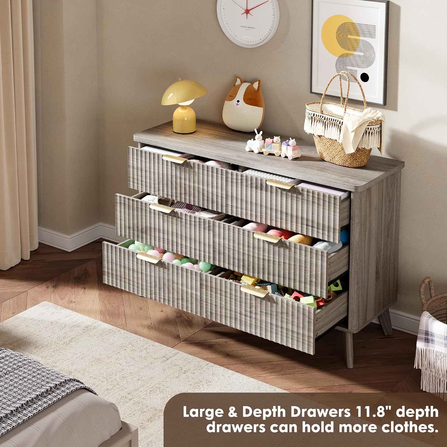 GarveeHome Fluted Dresser for Bedroom with 6 Deep Drawers, 47.2 in Wide Modern Chest of Drawers, Wooden Dresser TV Stand, Curved Profile Design, for Living Room, Kids Room, Hallway, Grey