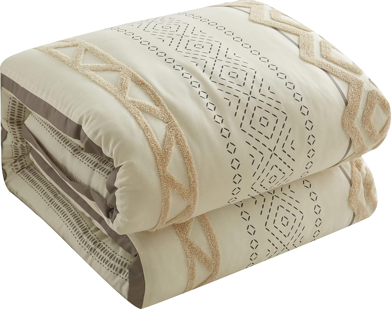 Stratford Park Beige/Ivory Boho Geometric California King Comforter Set, 7 Piece, Print & Terry Embroidery Home Decor, Premium Lightweight Microfiber