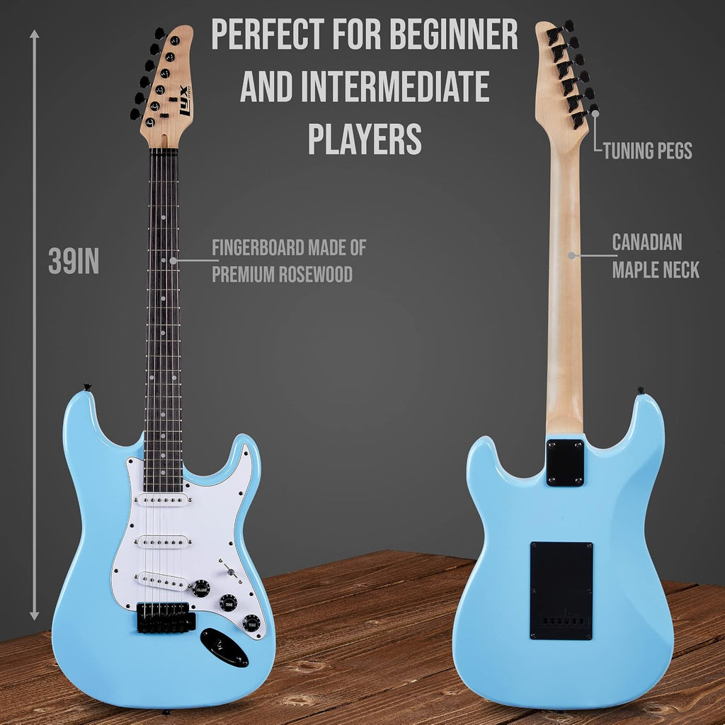 LyxPro 39 inch Electric Guitar Kit Bundle with 20w Amplifier, All Accessories, Digital Clip On Tuner, Six Strings, Two Picks, Tremolo Bar, Shoulder Strap, Case Bag Starter kit Full Size - Retro Blue