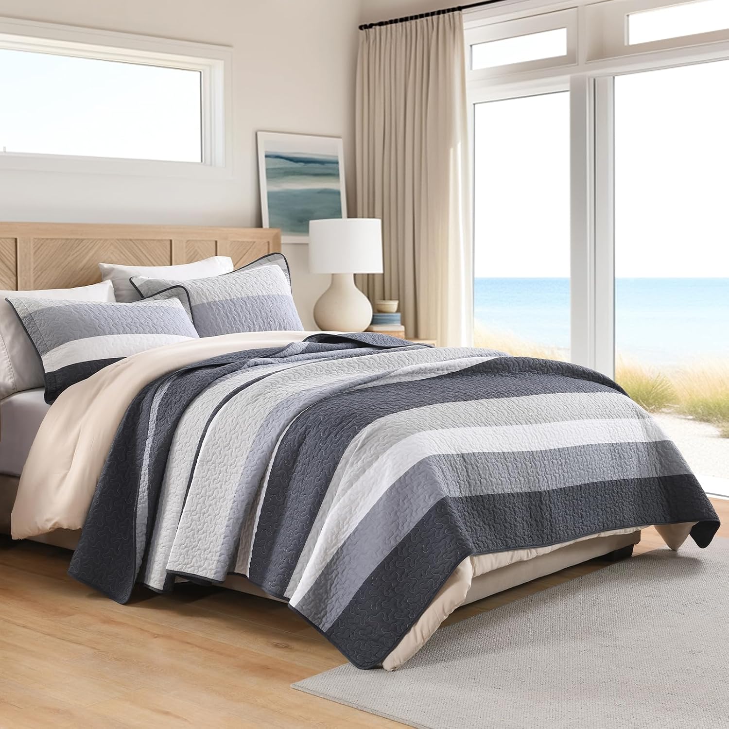 100% Cotton Quilt Set Queen Size, Queen Quilt Bedding Set, Striped Pattern Quilt Bedspread for Queen Bed, Modern Minimalist Bed Spread Lightweight Comforter, 3Pcs, Charcoal-Blue/Gray/White