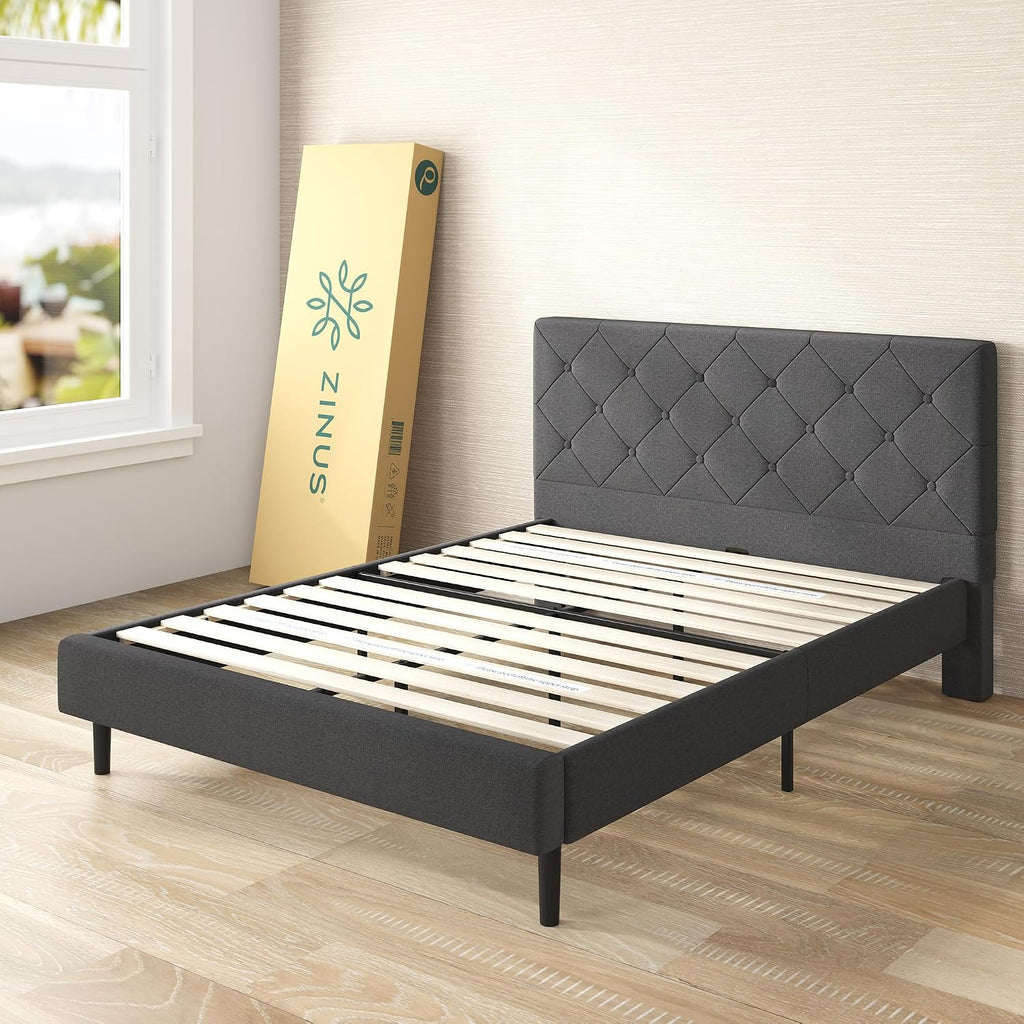 Zinus Full Shalini Upholstered Platform Bed Frame with Headboard [New WonderBox(TM) Version], Wooden Slat Support, No Box Spring Needed, Easy Assembly, Eco Friendly Packaging, Dark Grey