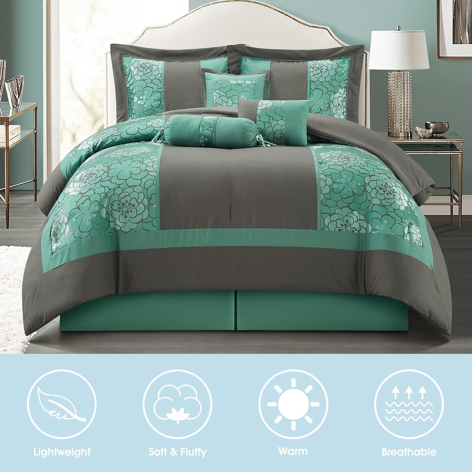 LANCO MODERN LIFESTYLE 7 Piece Queen Comforter Set, Aqua Grey, Elegant Floral Jacquard, Stylish and Cozy Bedding Collection, Premium Bedding Set with Bedskirt, Shams and Pillows
