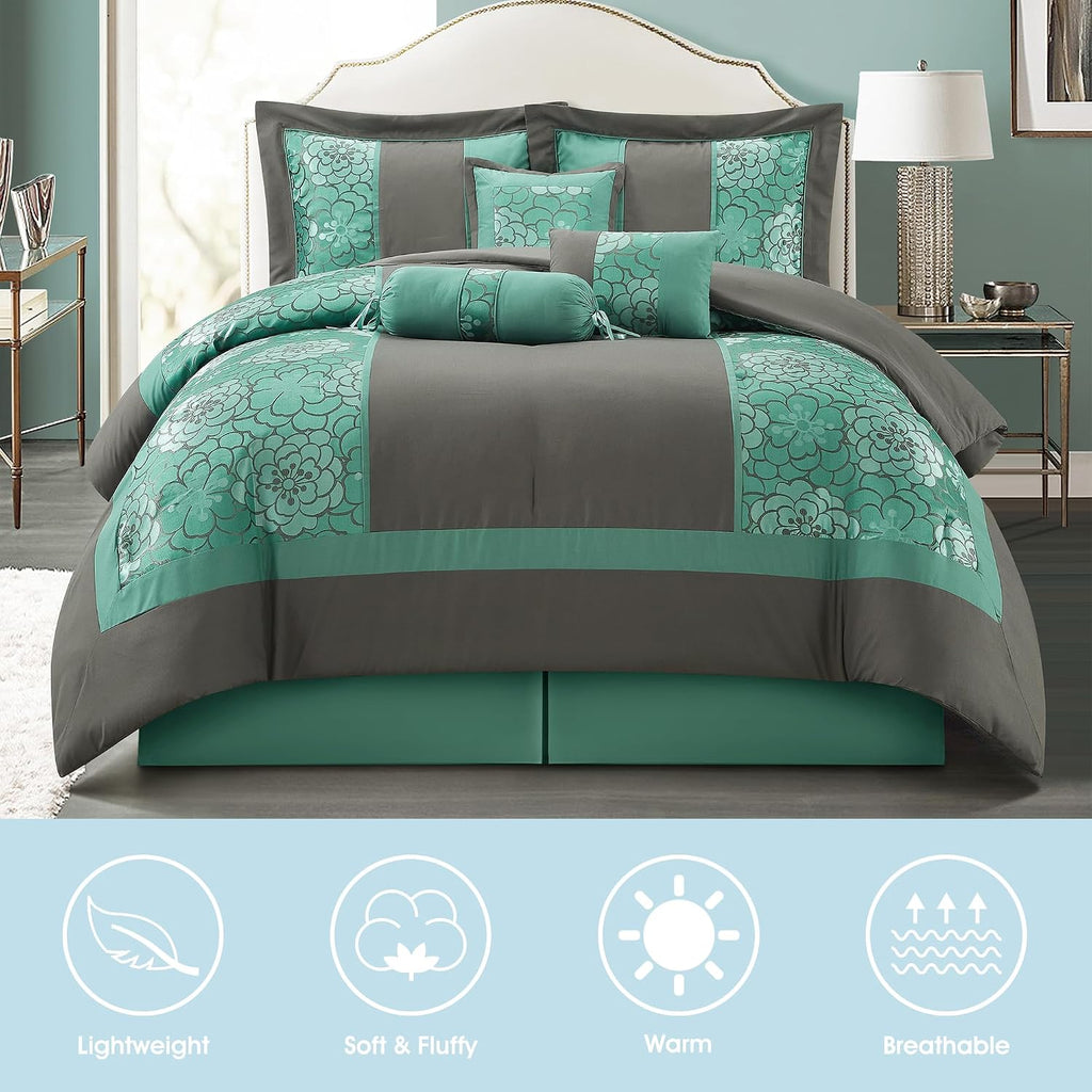 LANCO MODERN LIFESTYLE 7 Piece King Size Comforter Set, Aqua Grey, Elegant Floral Jacquard, Stylish and Cozy Bedding Collection, Premium Bedding Set with Bedskirt, Shams and Pillows