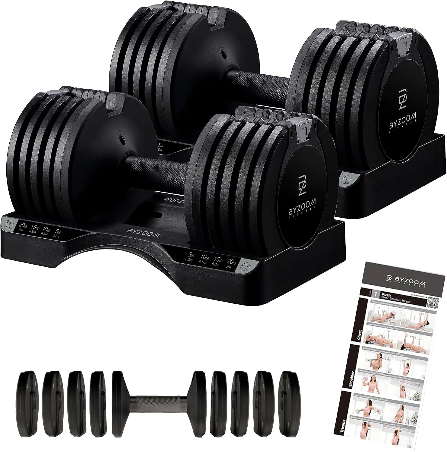 BYZOOM FITNESS Adjustable Dumbbell / 25LB Pair Black and Jump Rope/Black Set for Home Gym Workout