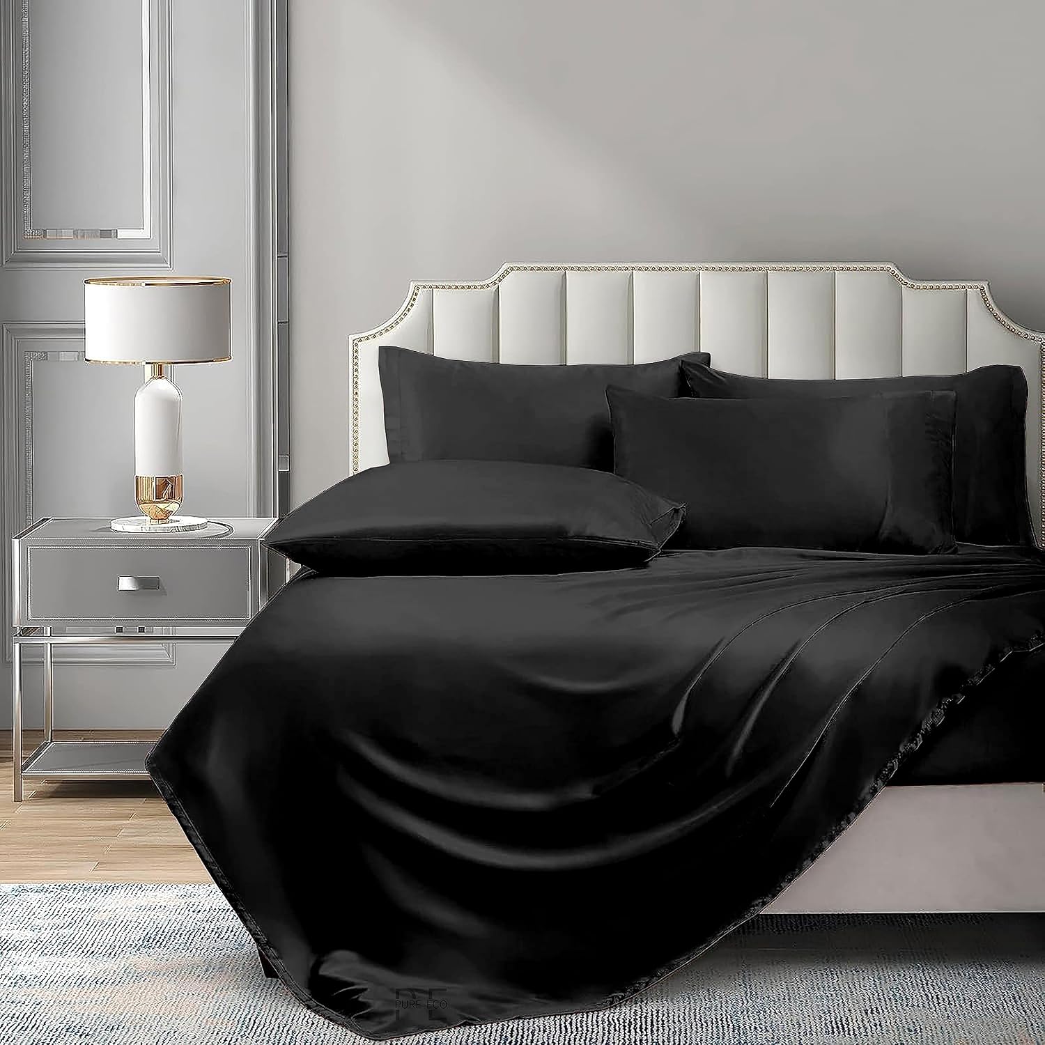 6 Piece Mulberry Silk Sheet Set Full XL Size (54x80)+ Upto 16 Inch Deep Pocket Black Color Smooth Soft and Silk Bed Sheets Full XL Size Bedding Set