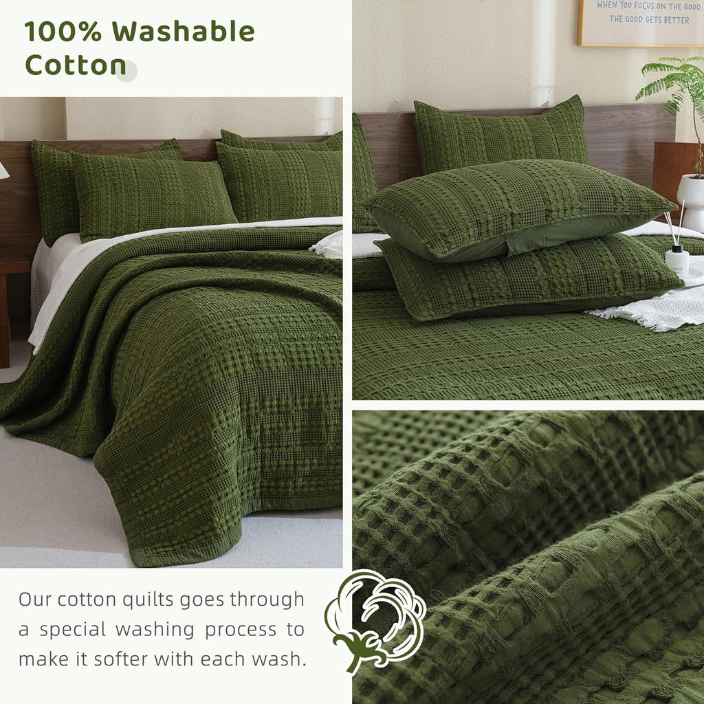Sanracie Cotton Oversized King Bedspread Quilt(120'x120'),Olive Green Waffle Quilt Coverlet Set 3Pcs Extra Large King Quilt Bedding Set,Farmhouse Coverlet Quilt Set Shabby Vintage Chic Bedding