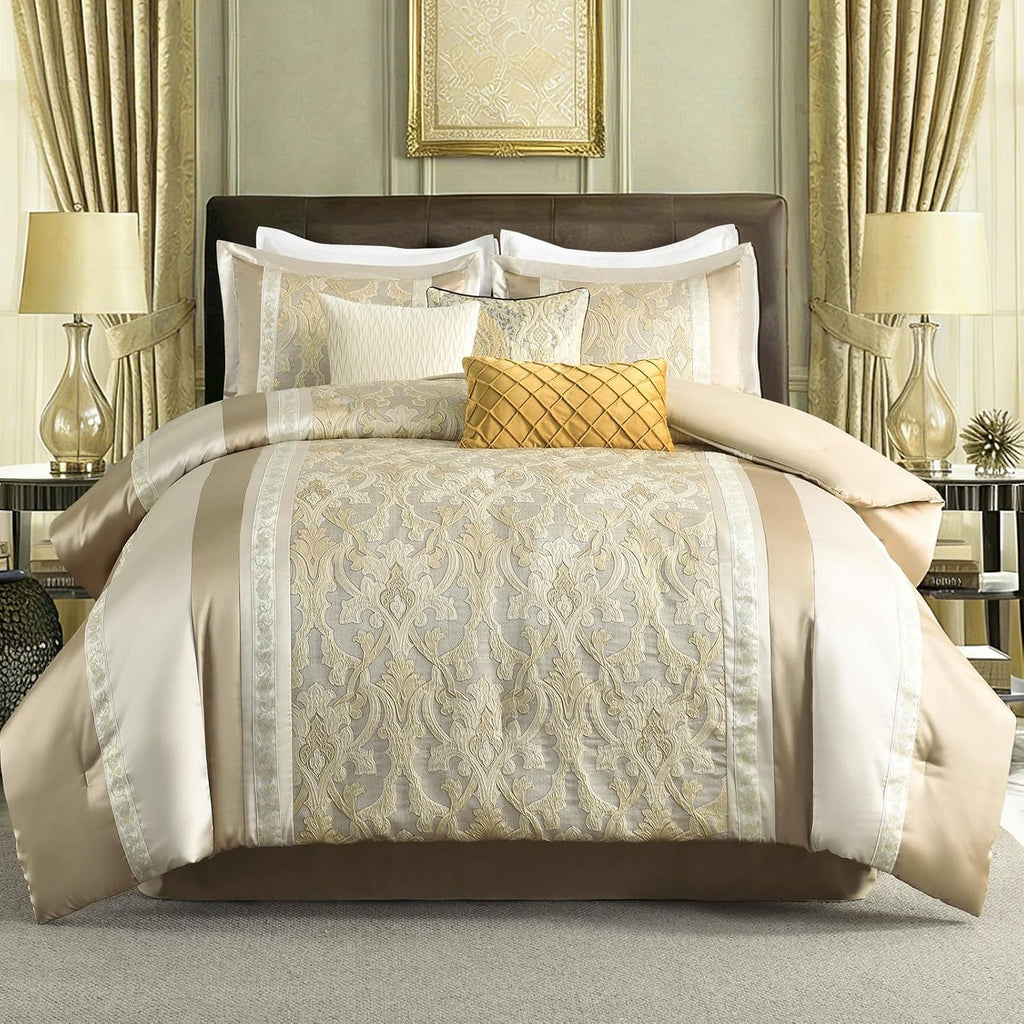 SahSahCasa 7-Piece Luxury California King Comforter Set, Cal King Comforter, Bed in a Bag California King, Jacquard Fluffy Comforter Bedding Set with Bedskirt, Pillows, Down-Alternative, Champagne