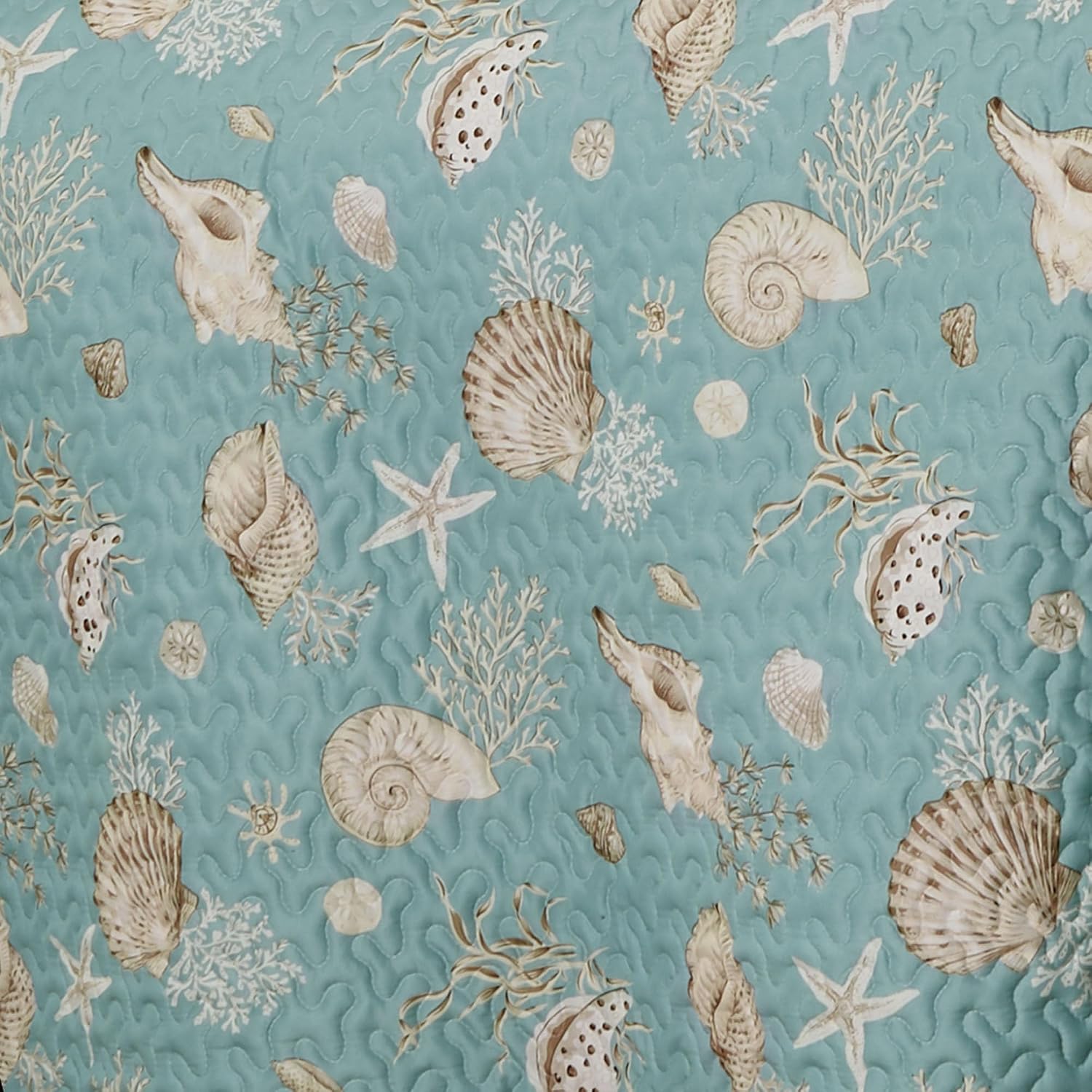 Touch of Class Seabreeze Coastal Beach Polyester Microfiber Bedding | All Season Quilted | Shell Starfish Coral Stripe | Aqua Teal Ivory Cream | 3 Pc Set: Full Bedspread and 2 Standard Shams