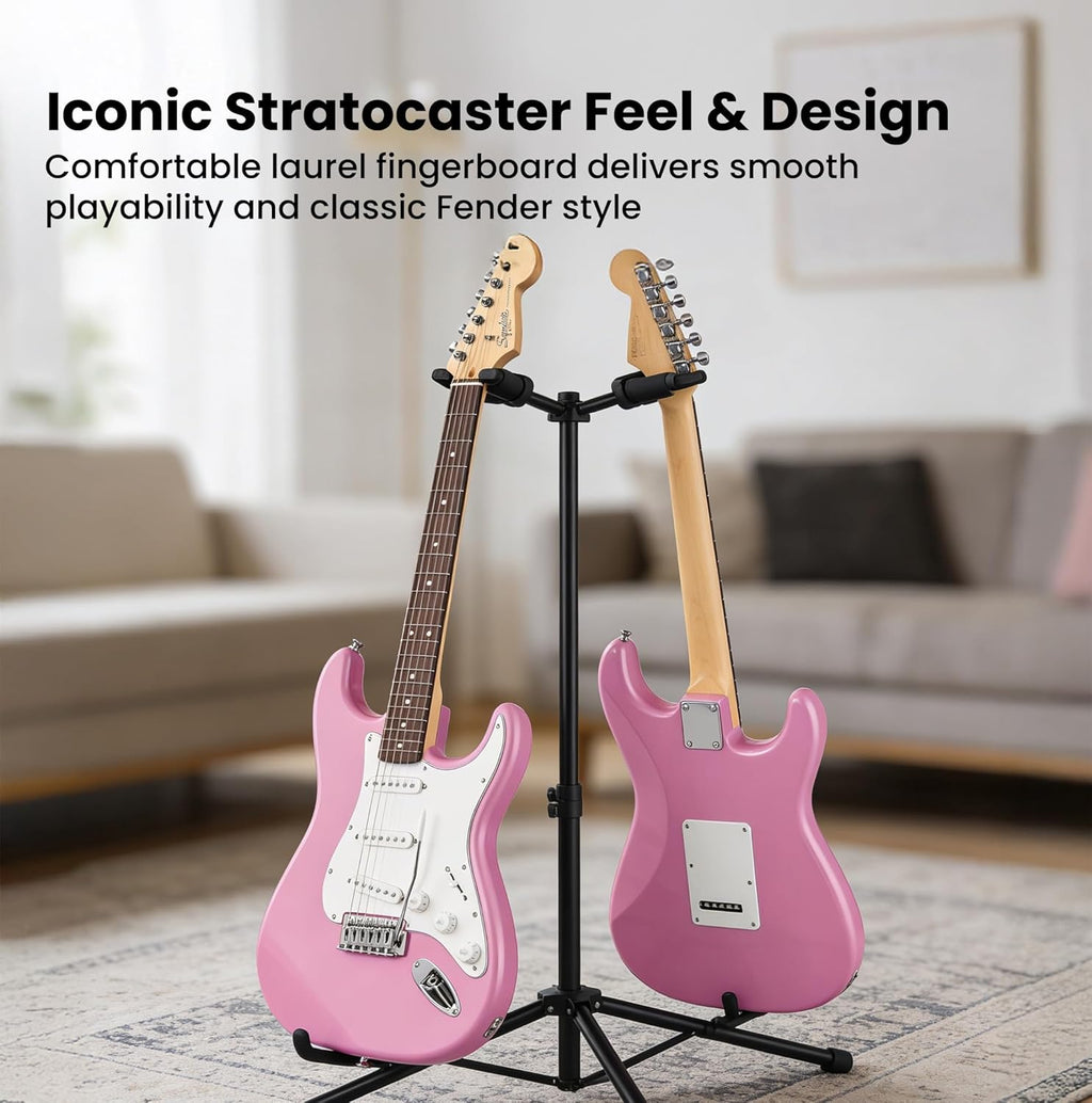 Fender Squier Stratocaster - Flash Pink Bundle with Amplifier, Gig Bag, Instrument Cable, Strap, Picks, and Austin Bazaar Instructional DVD