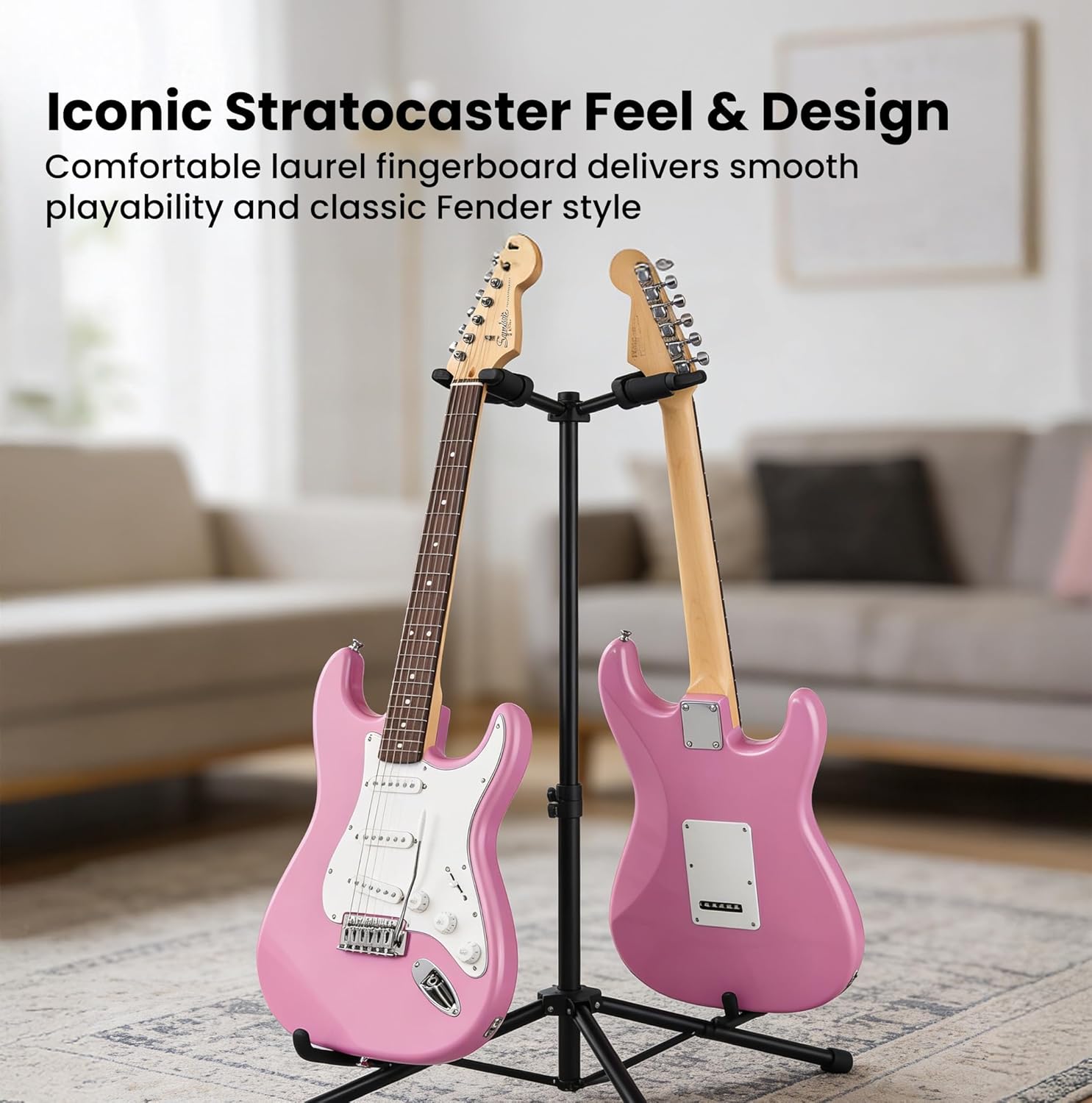 Fender Squier Stratocaster - Flash Pink Bundle with Amplifier, Gig Bag, Instrument Cable, Strap, Picks, and Austin Bazaar Instructional DVD