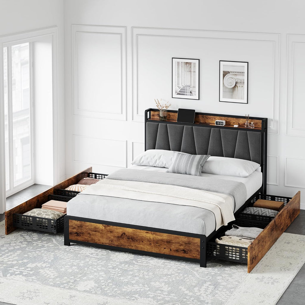 GAOMON Queen Size Bed Frame with Storage Linen Upholstered Headboard, 4 Drawers Platform Bed Frame with Charging Station, No Box Spring Needed, Easy Assembly, Vintage Brown