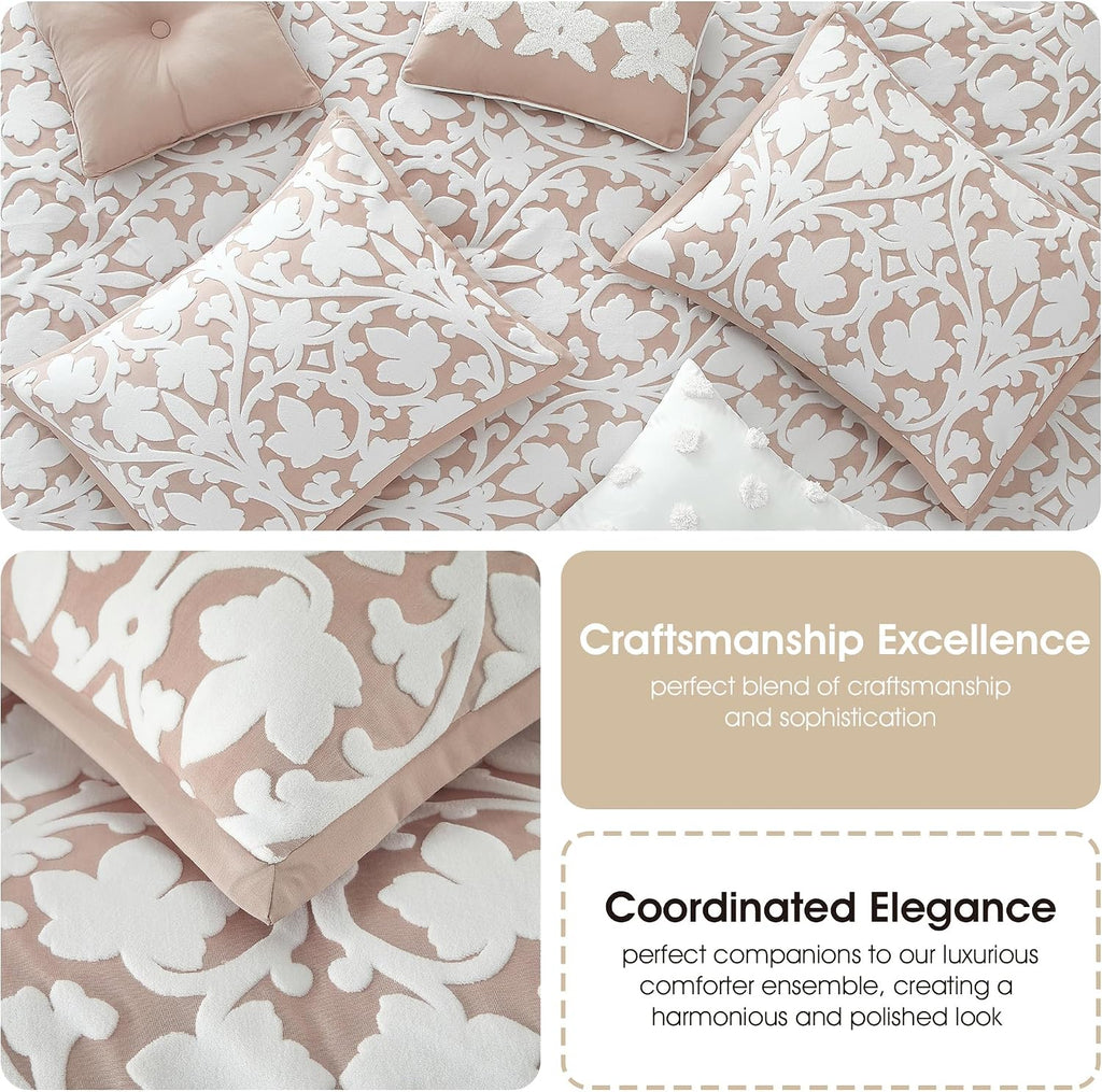 Grand Avenue 7 Piece Blush Comforter Set, King Size Jacquard Bedding Set, All Season Floral Leaves Bedding, Matching Pillows, Shams, Bed Skirt