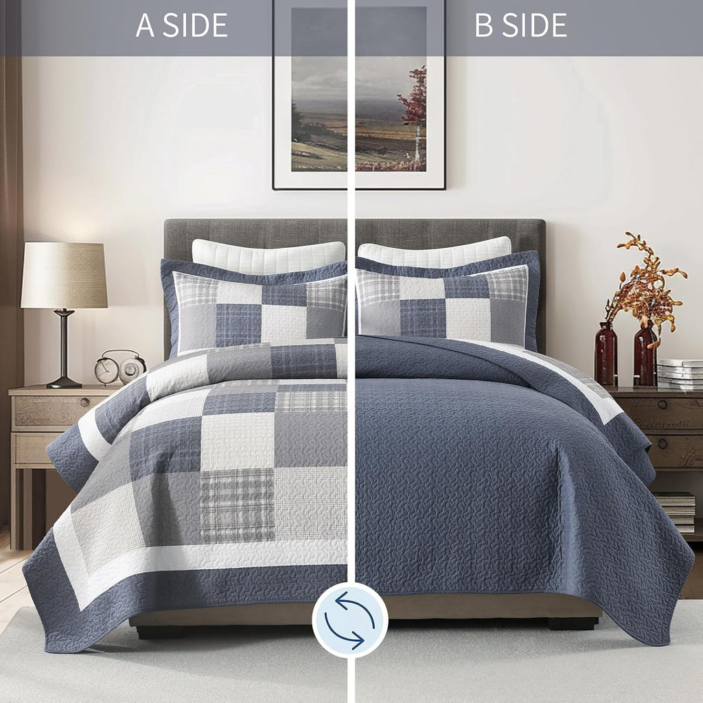 KALOOLA Farmhouse Quilt King Size - 100% Cotton Lightweight Quilted Bedding Set 3 Pcs, Cottage Printed Plaid Bedspread with 2 Pillow Shams, Reversible Bed Coverlet for All Season, Blue/Beige/White