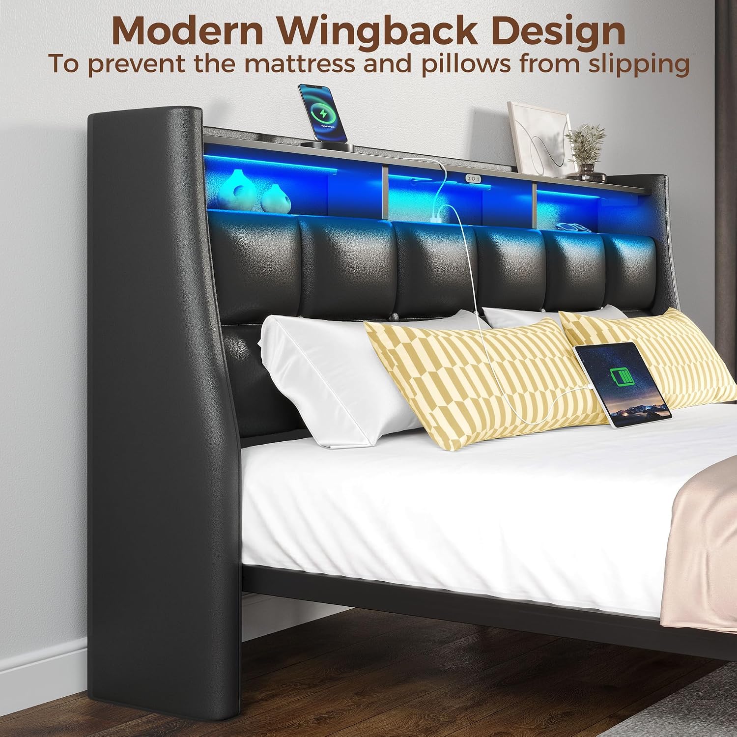 Rolanstar Full Size Bed Frame with LED Lights and Charging Station, Upholstered Headboard with 2-Tier Storage Shelves, Heavy Duty Metal Frame, Noise-Free Support, Easy Assembly, No Box Spring Needed