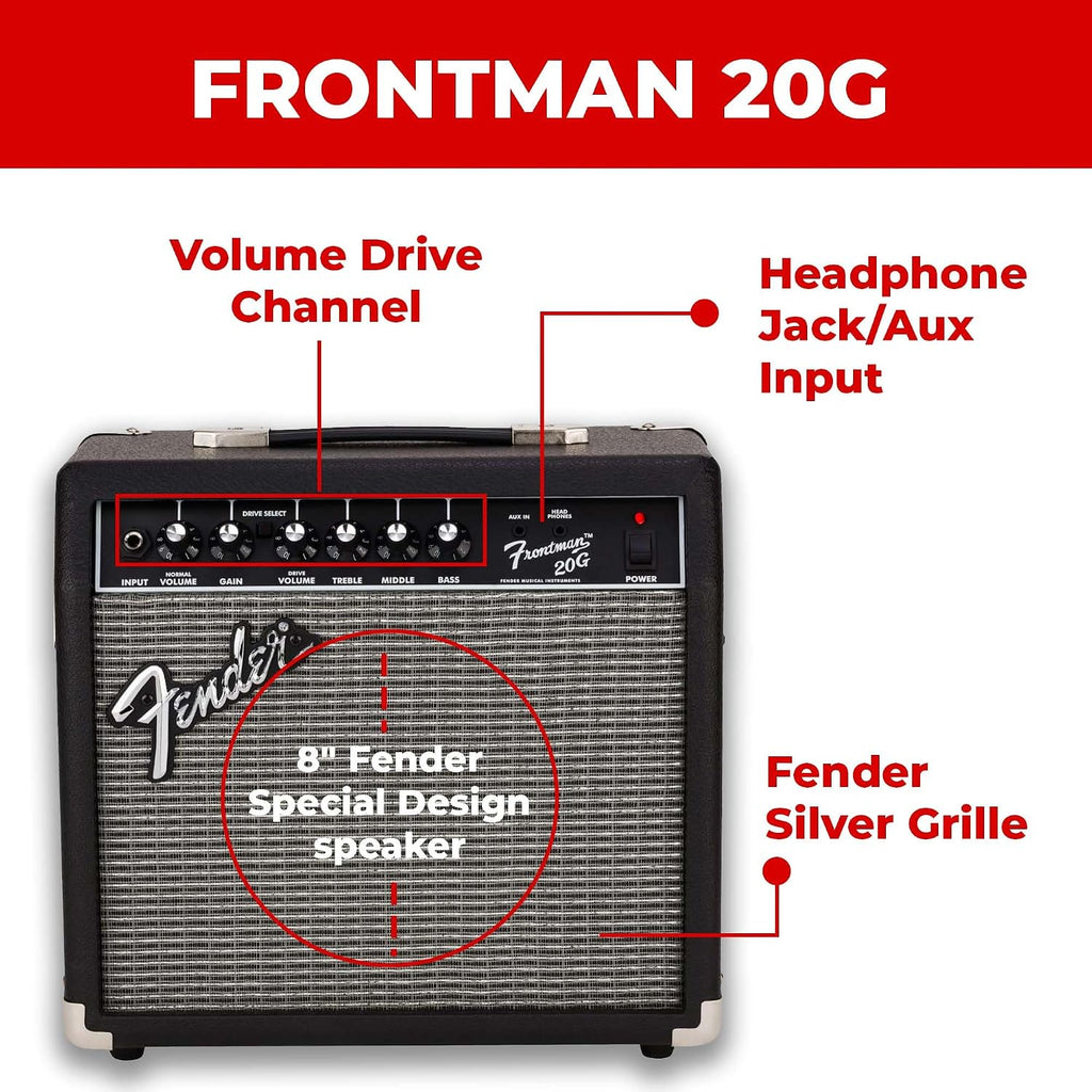 Fender Frontman 20G Guitar Combo Amplifier - Black Bundle with Cable and Austin Bazaar Exclusive 12-Pack Picks