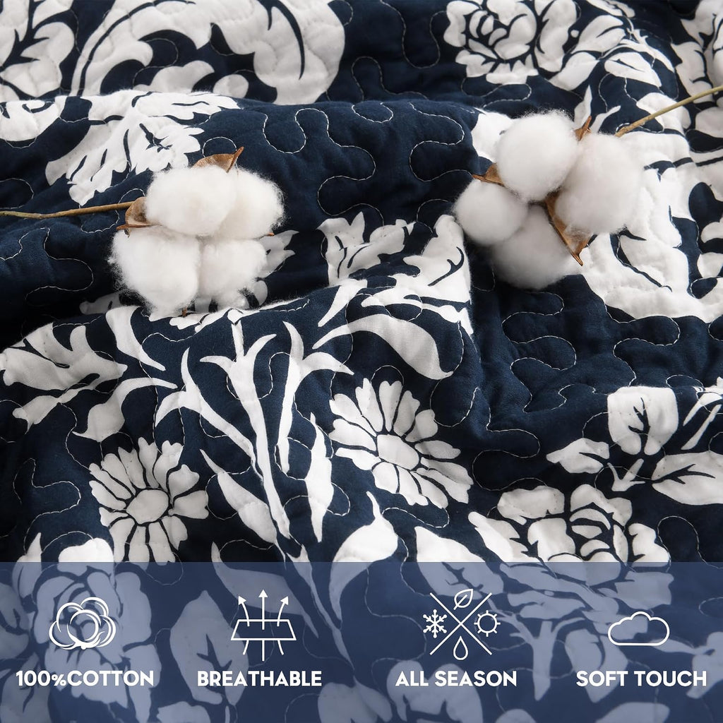 King Size Quilt Set, 100% Cotton Navy Blue Quilted Bedspread Set, Navy Blue White Floral Pattern Farmhouse Reversible Quilt Bedding Set for All Season, 3-Piece Quilt Set