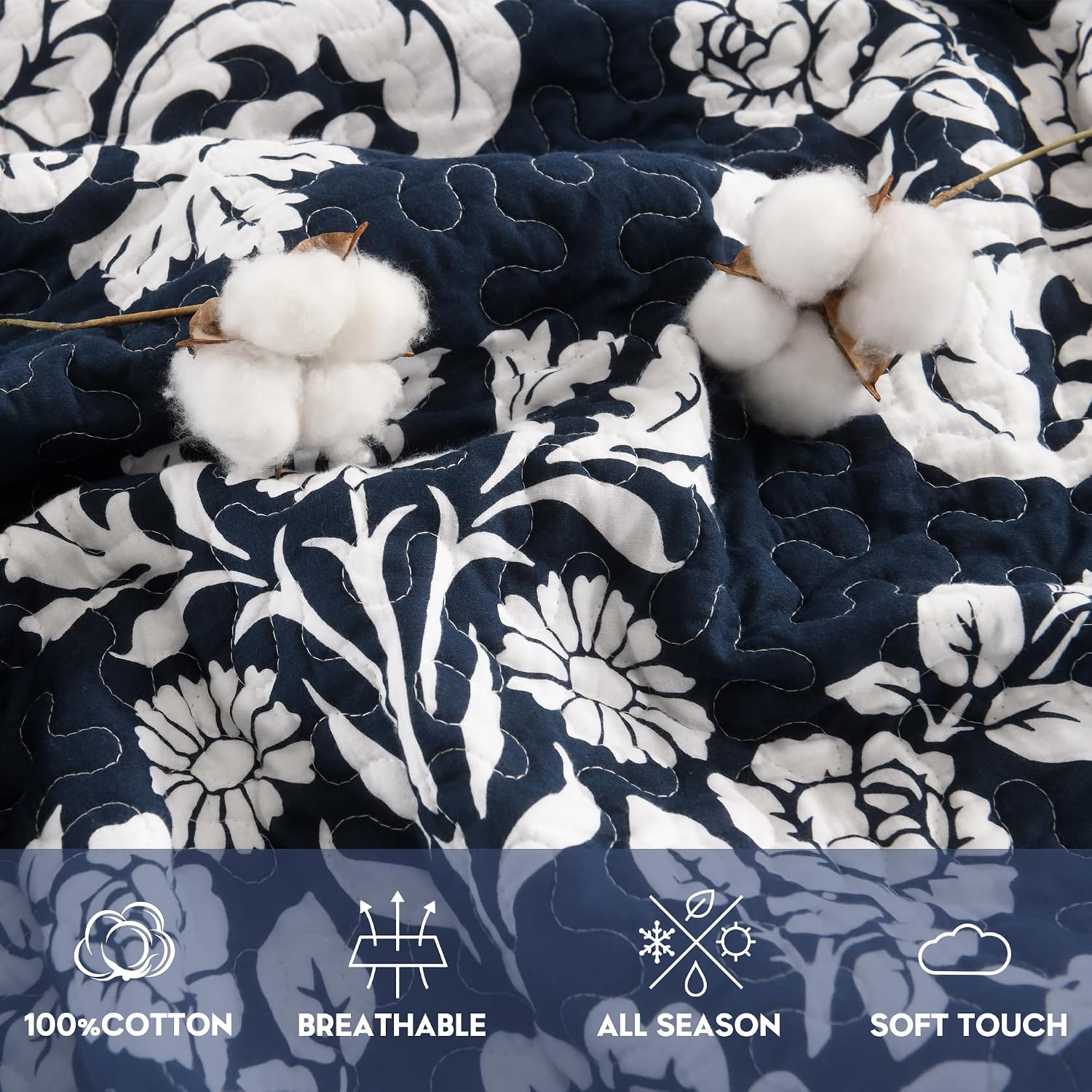 King Size Quilt Set, 100% Cotton Navy Blue Quilted Bedspread Set, Navy Blue White Floral Pattern Farmhouse Reversible Quilt Bedding Set for All Season, 3-Piece Quilt Set