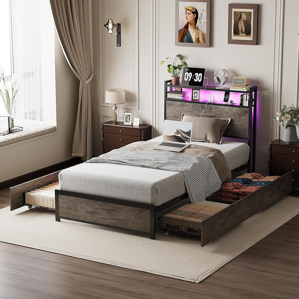VINGLI Bed Frame Twin Size with 4 Storage Drawers and Headboard, Metal Platform Bed with Charging Station and RGB LED Lights, No Box Spring Needed, Noise Free, Easy Assembly, Wash Grey