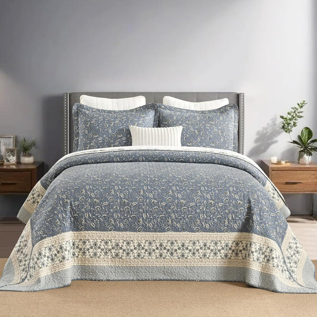 Floral Bedspread 128'x120' California King Bedspread, 100% Cotton XL Oversized King Quilt with 2 Pillowshams, Lightweight Botanical Quilted Bedspreads Coverlet Set, Blue/Gray/Beige, 3 Pcs