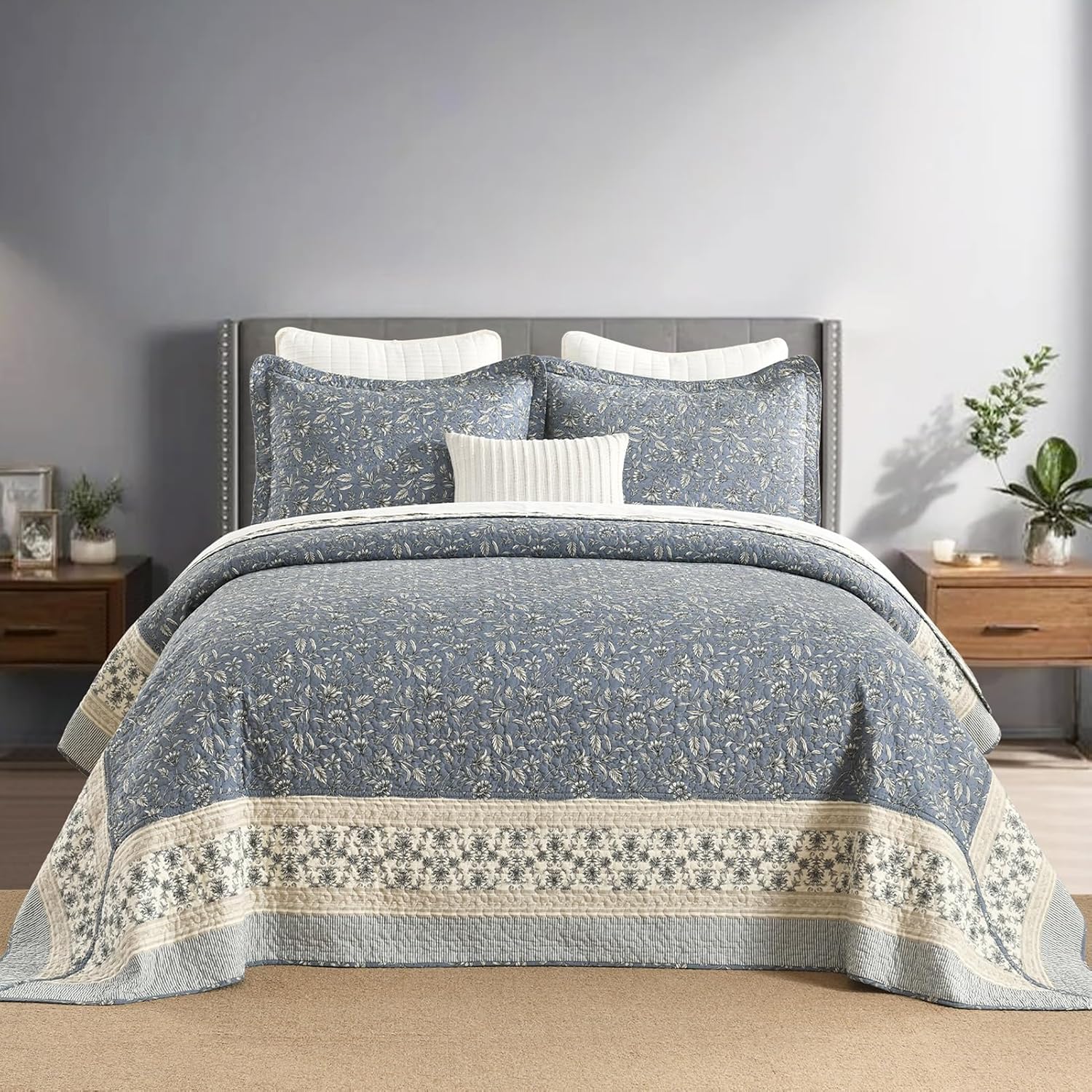 Floral Bedspread 128'x120' California King Bedspread, 100% Cotton XL Oversized King Quilt with 2 Pillowshams, Lightweight Botanical Quilted Bedspreads Coverlet Set, Blue/Gray/Beige, 3 Pcs