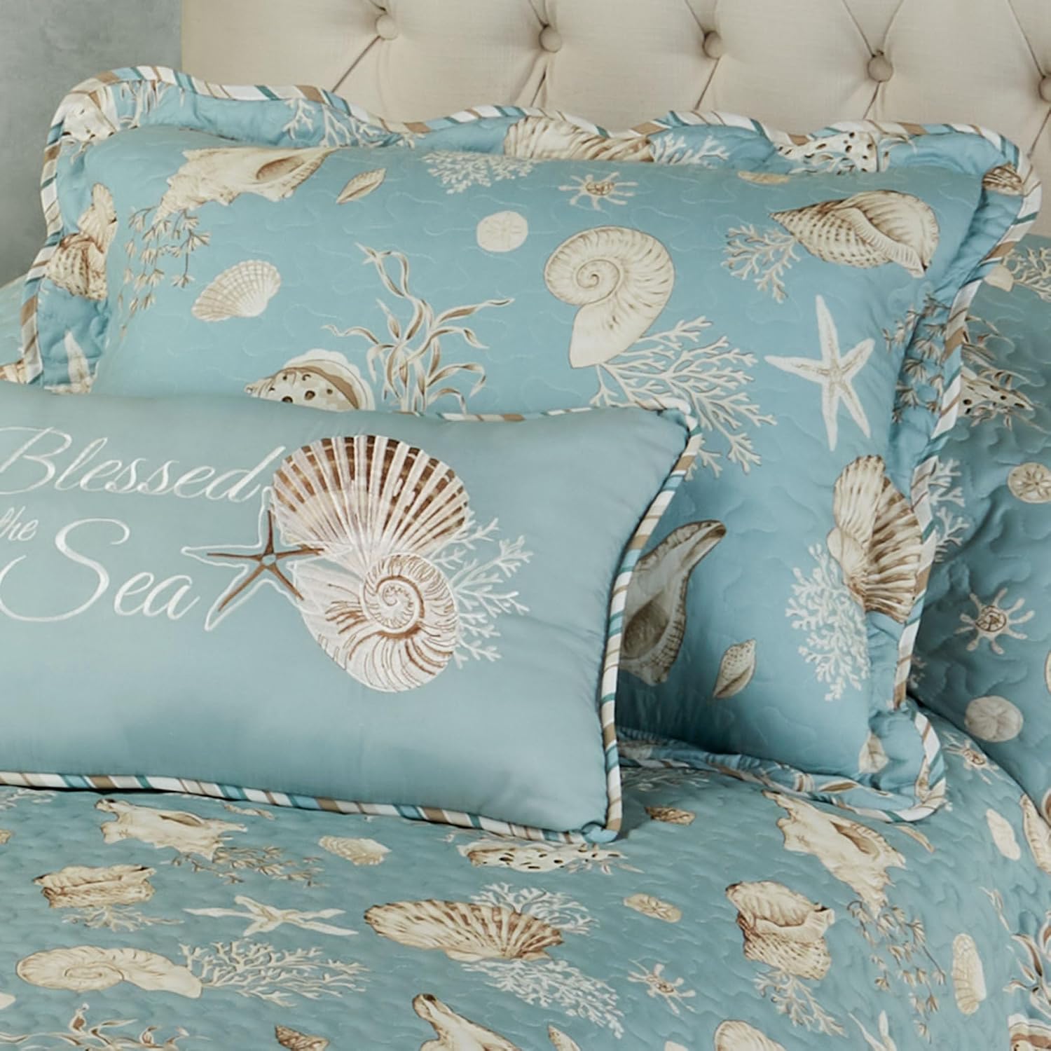 Touch of Class Seabreeze Coastal Beach Polyester Microfiber Bedding | All Season Quilted | Shell Starfish Coral Stripe | Aqua Teal Ivory Cream | 2 Pc Set: Twin Bedspread and 1 Standard Sham
