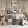 Oversized Queen Bedspreads 120x102, 100% Cotton Extra Large Quilt, Forest Tree Bear Deer Pattern, Lightweight Plaid Quilted Coverlet Bedding Set, 3 Pcs, All Season, Brown/Beige/Green