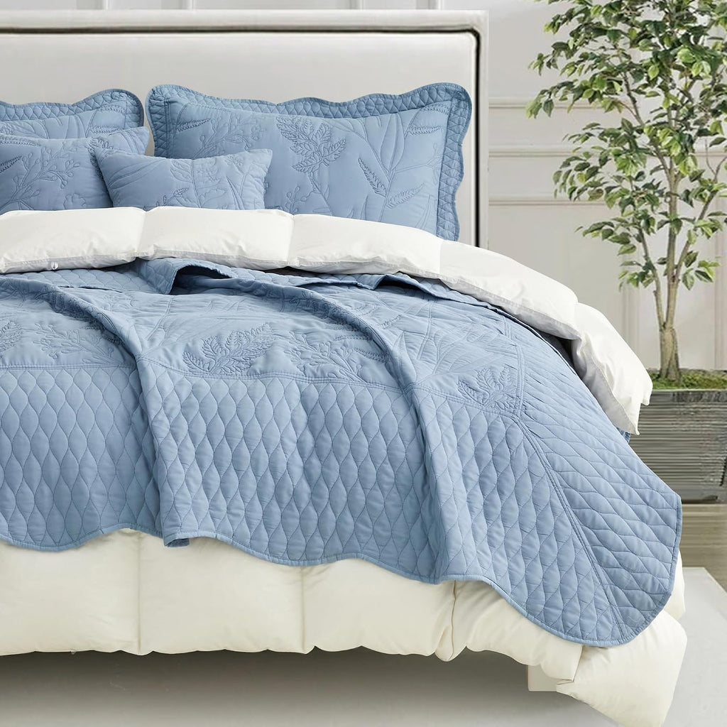 DaisyHuang Botanical Oversized Bedspread King Size - Leaves Pattern Stitching Quilt Set - Elegant & Fresh Style Bedding Coverlets, Reversible, Lightweight, 5 Piece, Ashley Blue
