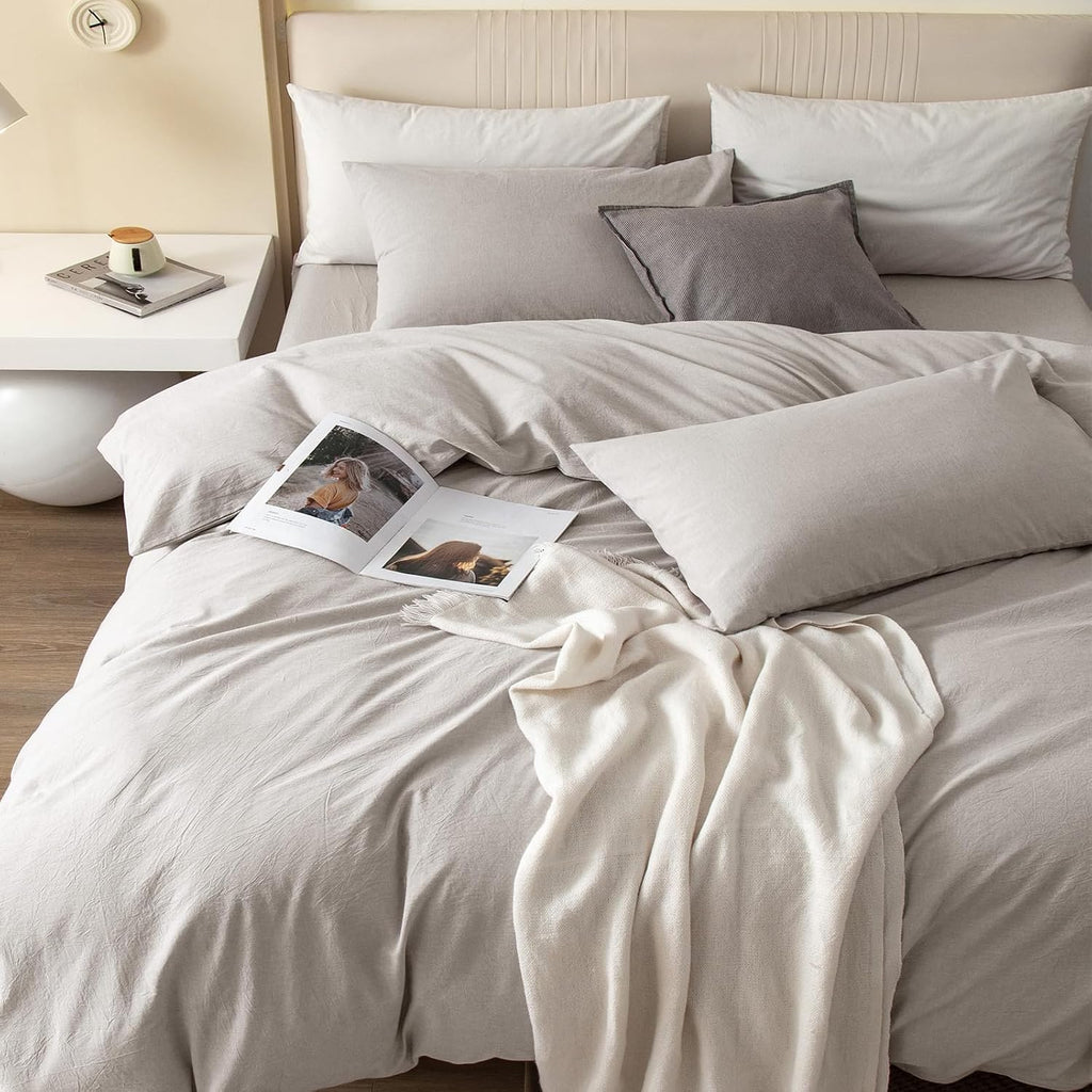 JIYUAN Super King Plus Duvet Cover Set, 3-Piece - 100% Washed Cotton, Linen-Like Soft & Breathable with Zipper Closure, Includes 120x120 Inch Cover & 2 Pillowcases, Heathered Cream Grey