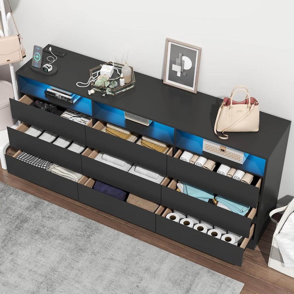 Auromie 9 Drawers Dresser, Double Modern Chest of Drawers with Power Outlet, Dresser TV Stand with Led Light Strip, Drawer Organizer for Bedroom, Living Room, Hallway (Dark Black, 9 Drawer)