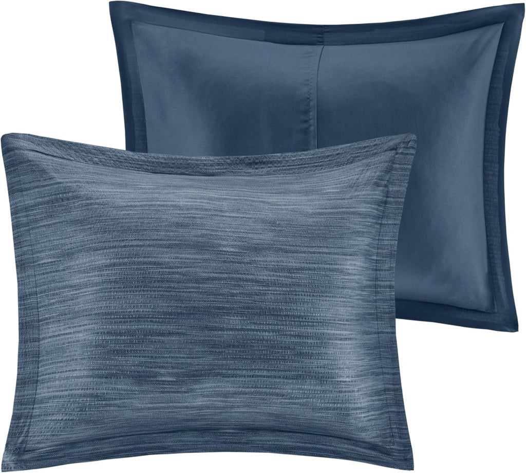 Madison Park Walter Comforter - Luxe Seersucker Print Design, All Season Down Alternative Bedding, Matching Shams, Bedskirt, Decorative Pillows, Navy Cal King(104'x92') 7 Piece