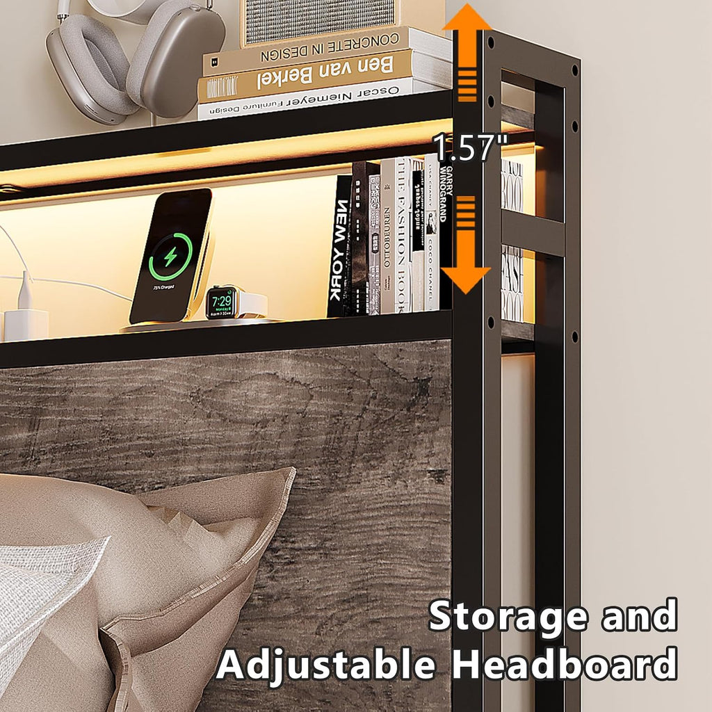 VINGLI Bed Frame Twin Size with 4 Storage Drawers and Headboard, Metal Platform Bed with Charging Station and RGB LED Lights, No Box Spring Needed, Noise Free, Easy Assembly, Wash Grey
