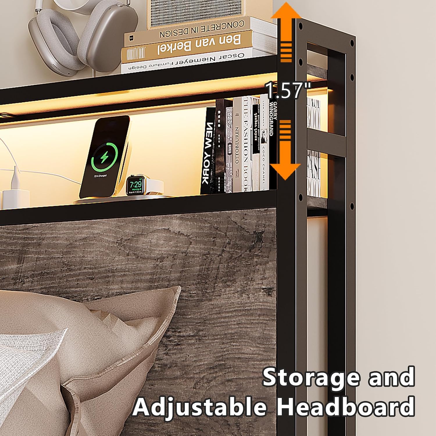 VINGLI Bed Frame Twin Size with 4 Storage Drawers and Headboard, Metal Platform Bed with Charging Station and RGB LED Lights, No Box Spring Needed, Noise Free, Easy Assembly, Wash Grey