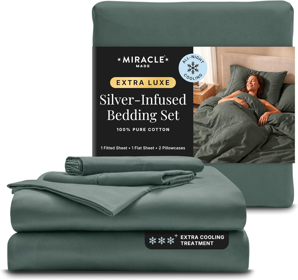 Miracle Made Extra Luxe Soft Cooling Bed Sheet Set, 4-piece Silver-Infused Cotton Fabric – Lightweight, Hypoallergenic Bedding for Hot Sleepers, King Size, Sage Green