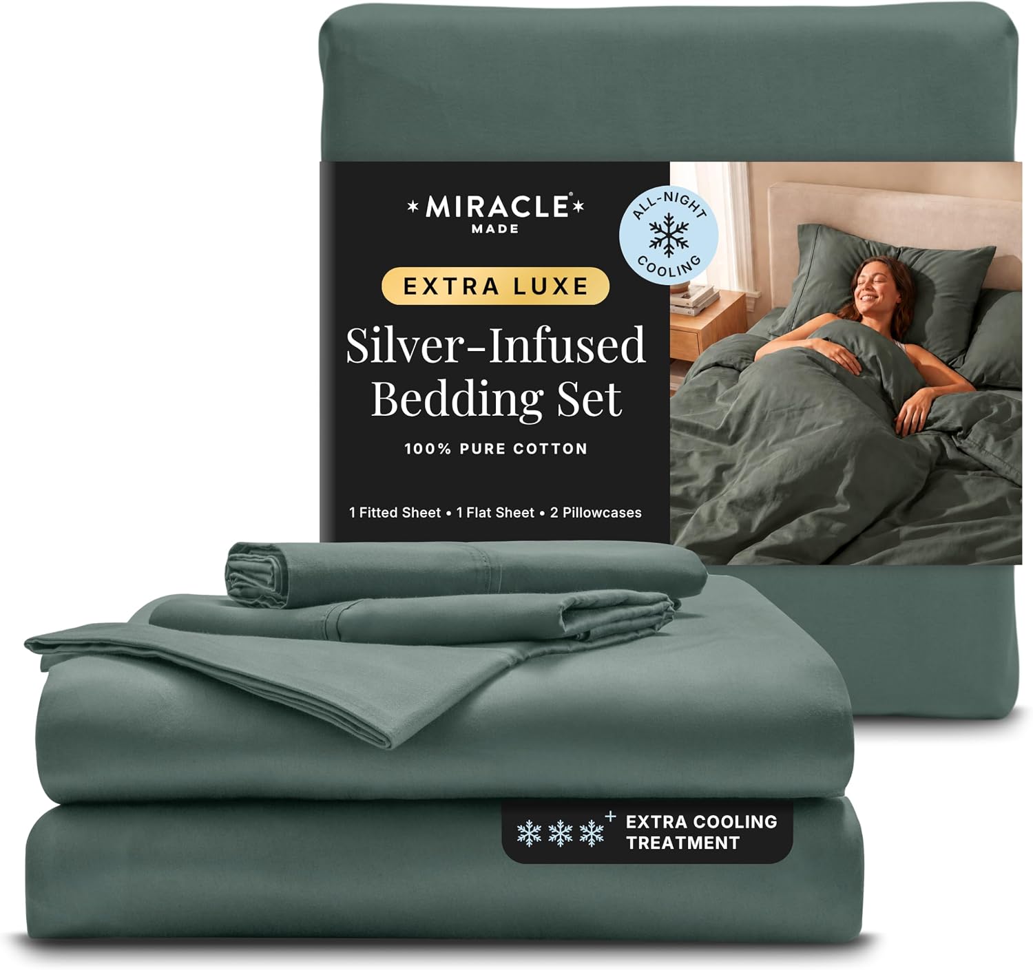 Miracle Made Extra Luxe Soft Cooling Bed Sheet Set, 4-piece Silver-Infused Cotton Fabric – Lightweight, Hypoallergenic Bedding for Hot Sleepers, King Size, Sage Green