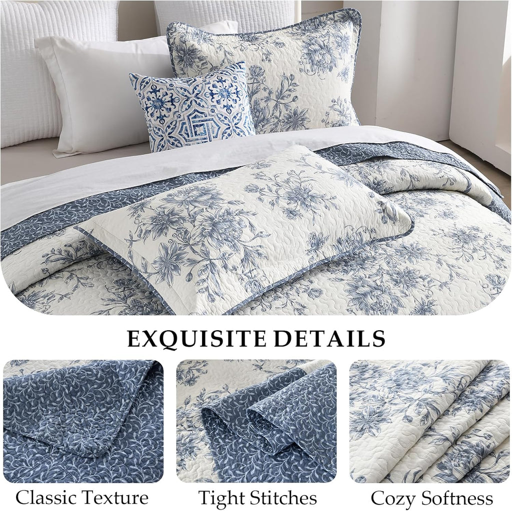Floral Bedspread 128'x120' California King Bedspread, 100% Cotton XL Oversized King Quilt with 2 Pillowshams, Lightweight Garden Quilted Bedspreads Coverlet Set, Blue/Cream, 3 Pcs