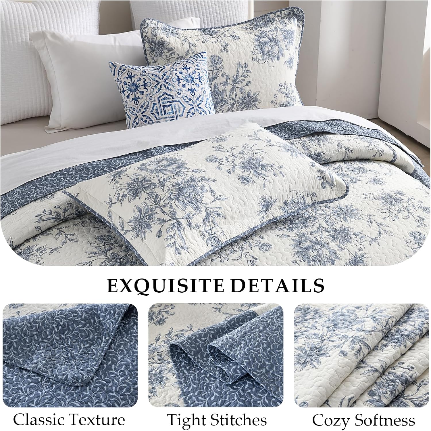 Floral Bedspread 128'x120' California King Bedspread, 100% Cotton XL Oversized King Quilt with 2 Pillowshams, Lightweight Garden Quilted Bedspreads Coverlet Set, Blue/Cream, 3 Pcs