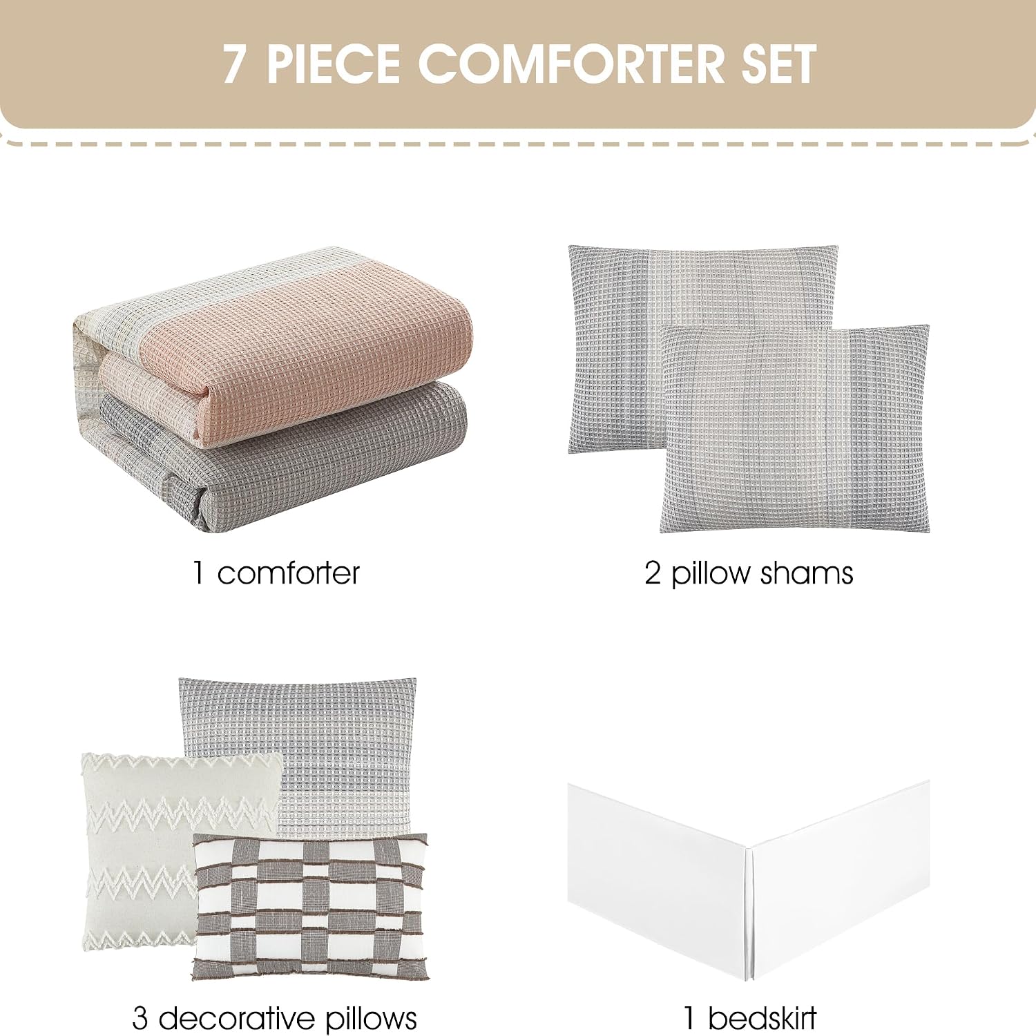 Grand Avenue Grey Waffle Jacquard Comforter Set King Size, 7 Piece Striped Bedding Set, All Season Home Decor, Matching Pillow Shams, Bedskirt, Decorative Pillows