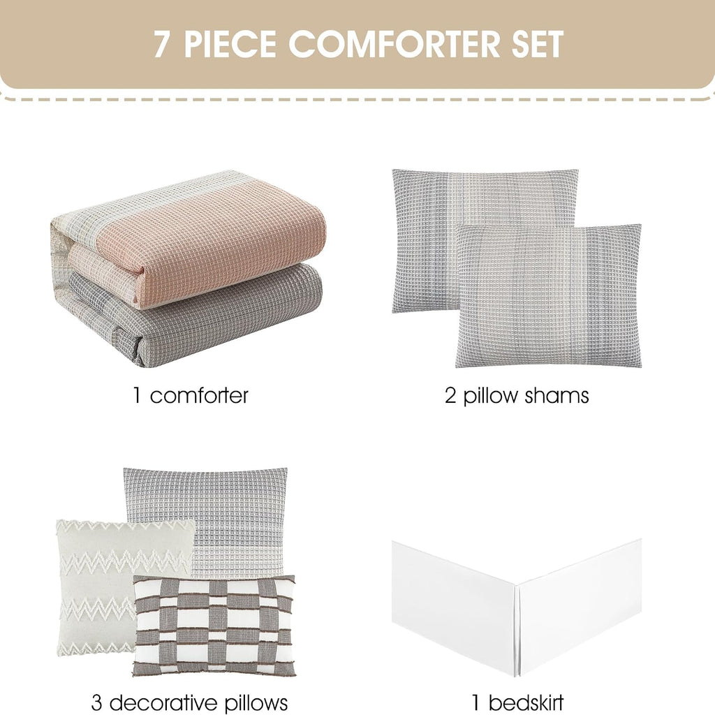 Grand Avenue Grey Waffle Jacquard Comforter Set California King Size, 7 Piece Striped Bedding Set, All Season Home Decor, Matching Pillow Shams, Bedskirt, Decorative Pillows