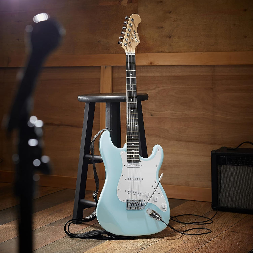 Ashthorpe 39-Inch Electric Guitar (Light Blue-Silver), Full-Size Guitar Kit with Padded Gig Bag, Tremolo Bar, Strap, Strings, Cable, Cloth, Picks