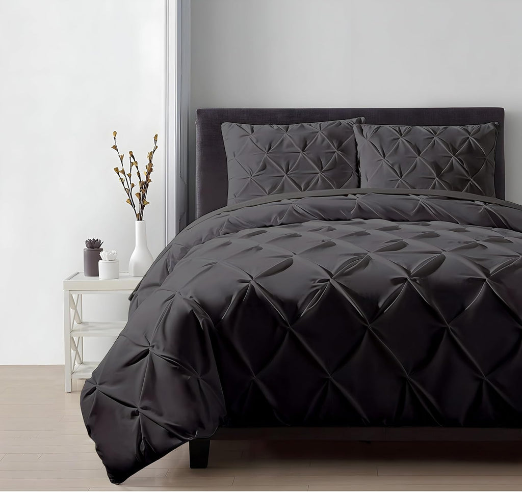 Luxury Dark Gray Pinch Pleated Pintuck Duvet Cover Set Oversized King Plus 120'x128' Size Egyptian Cotton Luxury Soft & Breathable Comforter Cover with Corner Ties & Zipper Closure