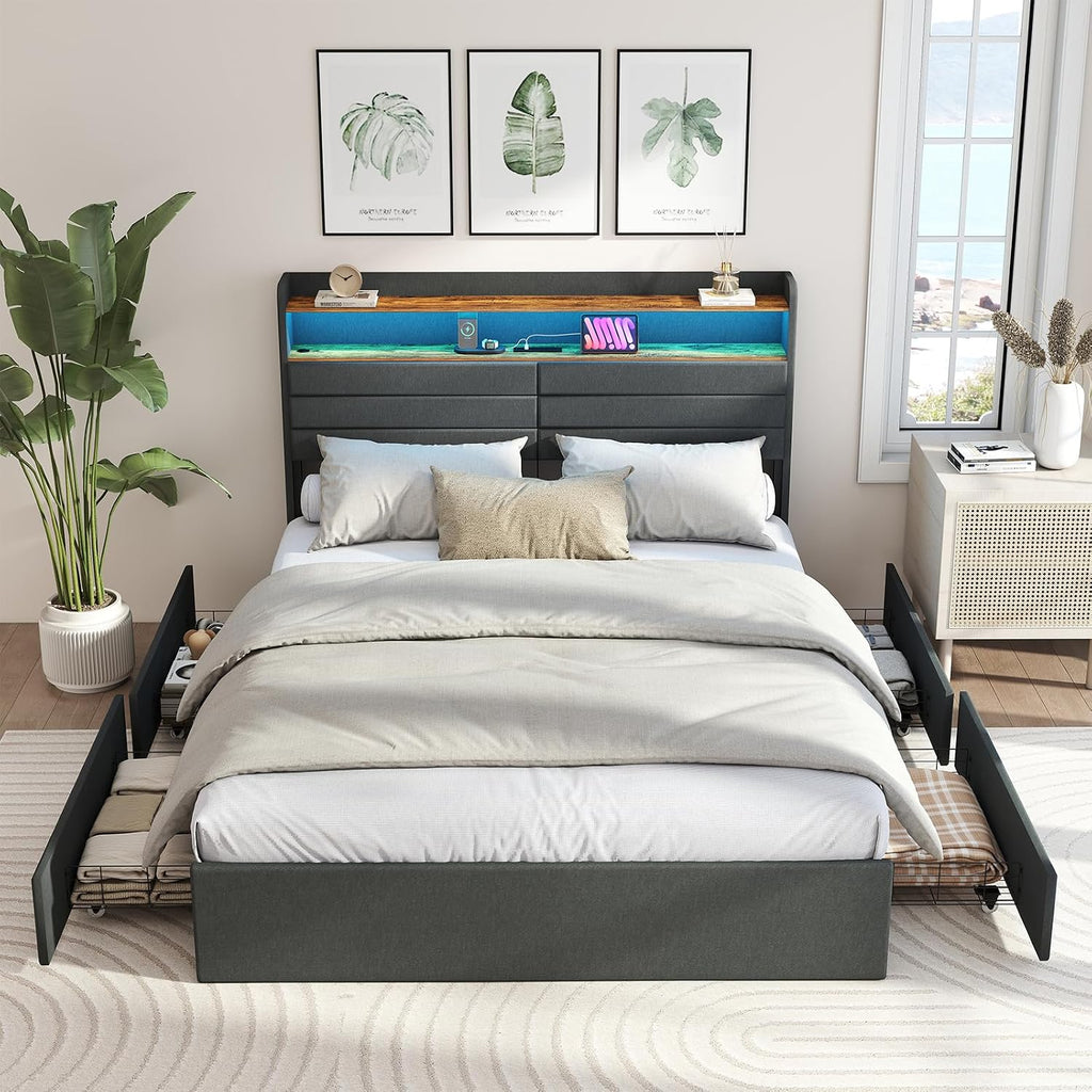 Zevemomo Full Bed Frame with 4 Drawers, Upholstered Full Size Bed Frame with Headboard, LED, Charging Station with USB Ports & AC Outlets, Sturdy Metal Slat Support, Noiseless, Gray