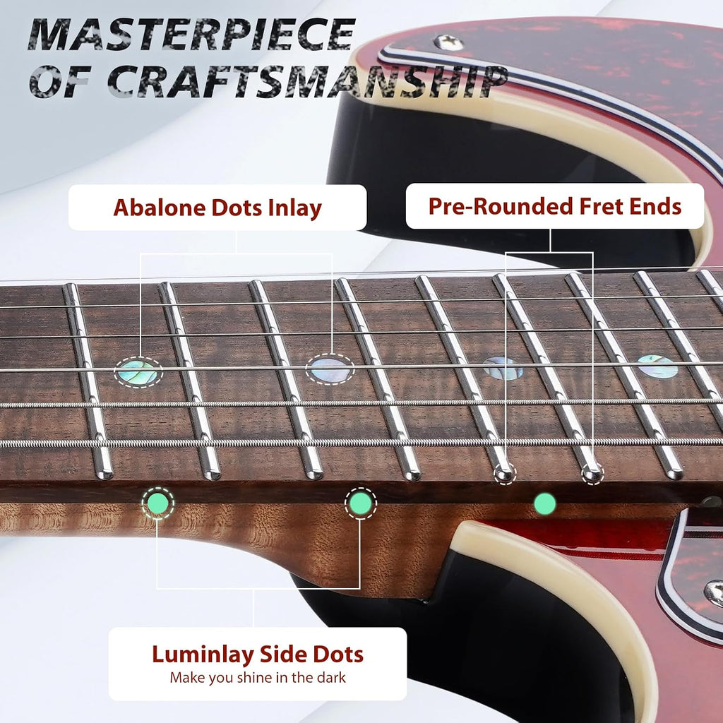 TOSTAR Electric Guitar with HSH Alnico 5 Pickups, Locking Tuners, Push-Pull Coil Split, Enhanced Sustain, Solid Body Electric Guitars for Advanced Players, Guitarra Electrica, Red